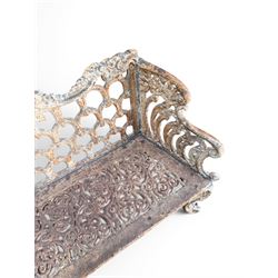 Victorian revival Carron Foundry design heavy cast iron two seat garden bench, scrolled arms with pierced lattice seat, finished in antique white paint