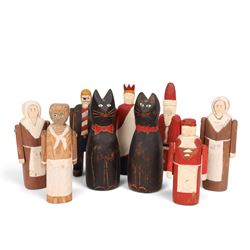 American Folk art figures, by Wolf Creek, comprising two cats, Father Christmas, Mrs Clause, Pirate and three others, with stamps and signatures beneath     