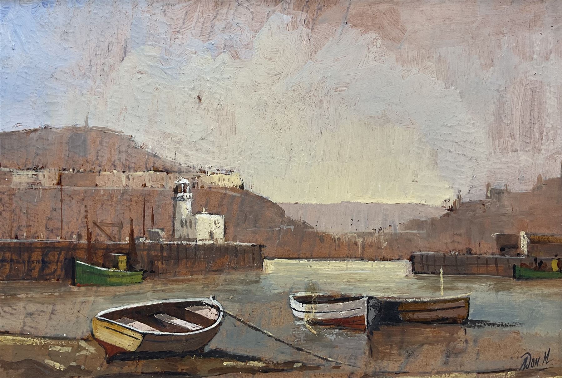 Don Micklethwaite (British 1936-): Scarborough Harbour at Sunset, oil on board signed 11cm x 16cm