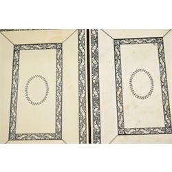 Mid-19th-century Anglo Indian Vizagapatam ivory, sandlewood, and horn veneered backgammon/chess board, circa 1860, rectangular games box the borders engraved with a stylized scrolling leaf decoration and spine engraved History of Persia the interior inlaid for backgammon, with three internal sandalwood boxes with covers, containing 16 ivory pieces and 16 horn pieces, comprising, kings and queens with pierced crowns on baluster carved shafts; bishops with carved mitres; knights represented by horses’ heads; and rooks as towers with imbricated decoration.

This item has been registered for sale under section 10 of the APHA Ivory Act, submission reference G68PNYA5 

