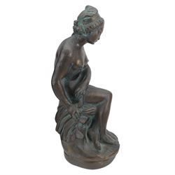 Austin Productions Art Nouveau style sculpture 'La Grace' after Eugene Marioton, signed and with impressed marks, together with similar composite figure of a nude figure on a rock and a pillar, pillar H77cm
