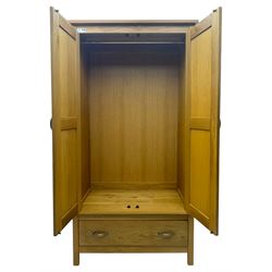 Light oak double wardrobe, hanging rail with single drawer on square legs 