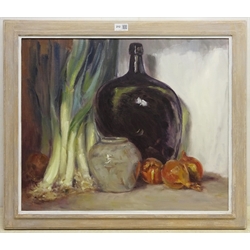 Neil Tyler (British 1945-): Still Life of Leeks and Glass Flagon, oil on canvas signed 49cm x 59cm