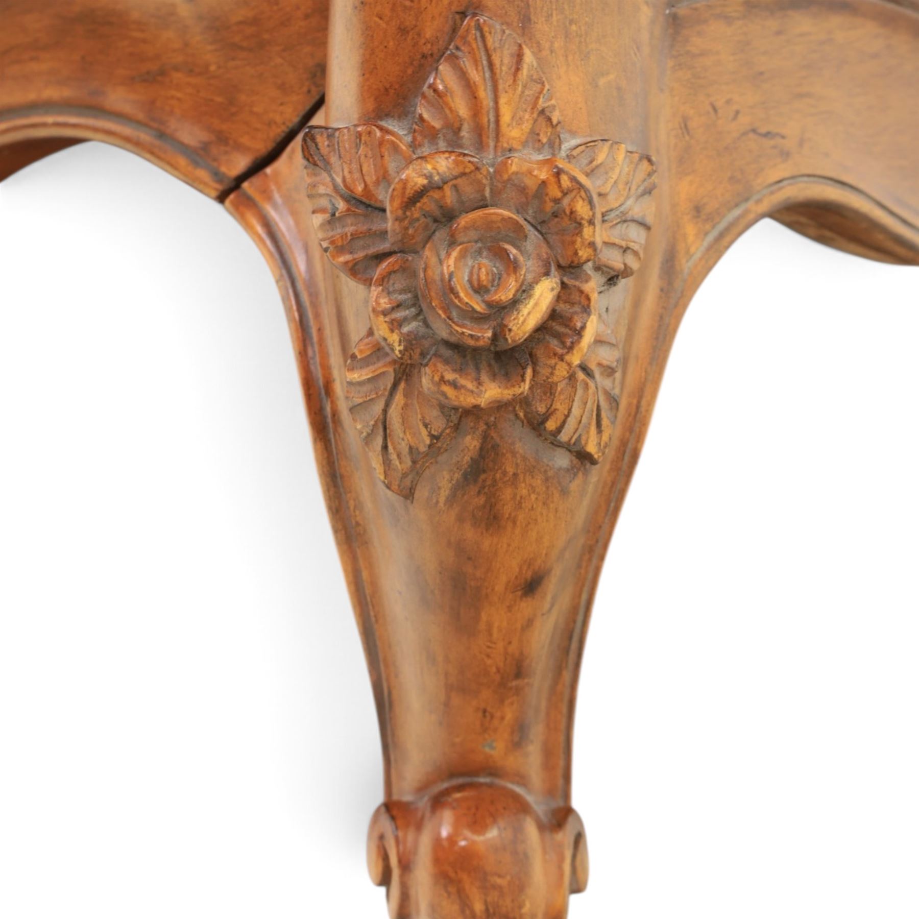 And So To Bed - 'Louis XV' large cherrywood chest, bowed shaped top above three long graduating drawers, blackened metal handles and escutcheons, raised on scrolled supports with carved foliate knees 