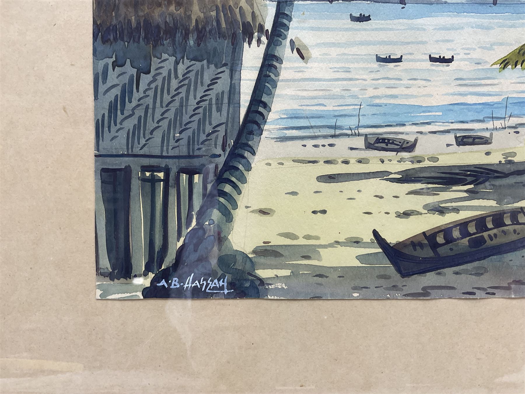 A B Hassan (Malaysian 20th Century): Beach Huts, watercolour signed 27cm x 37cm 