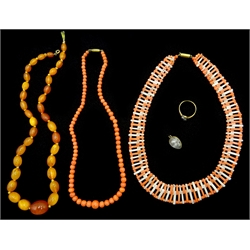  Coral and amber type necklaces, gold ring stamped 18ct plat and a gold mounted glass pendant  