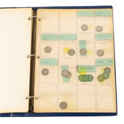 Great British pre-1920 and pre-1947 silver coins, including ten pre-1920 and seventeen pre-1947 half crowns, twelve pre-1920 and seven pre-1947 florins, twelve pre-1920 and eight pre-1947 shillings, and further copper coins, housed in a blue ring binder folder