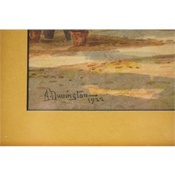 Albert Dunnington (British 1860-1928): Countryside Views and Angler by a Bridge, four watercolours signed and three dated 1915-23, three in matching frames max 25cm x 35cm (4)