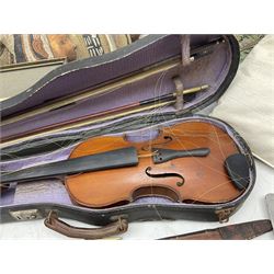 Cased violin with two bows, together with reenactment swords, brass planter and other collectables 