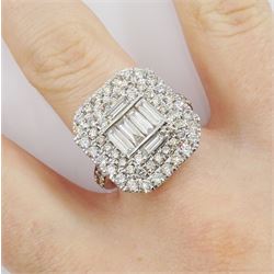 White gold baguette and round brilliant cut diamond cluster ring, with diamond set shoulders, hallmarked 9ct, total diamond weight 2.75 carat