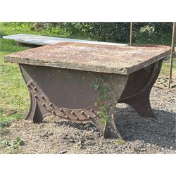 Cast iron garden table, repurposed from a grindstone base with associated iron top. H64cm,...