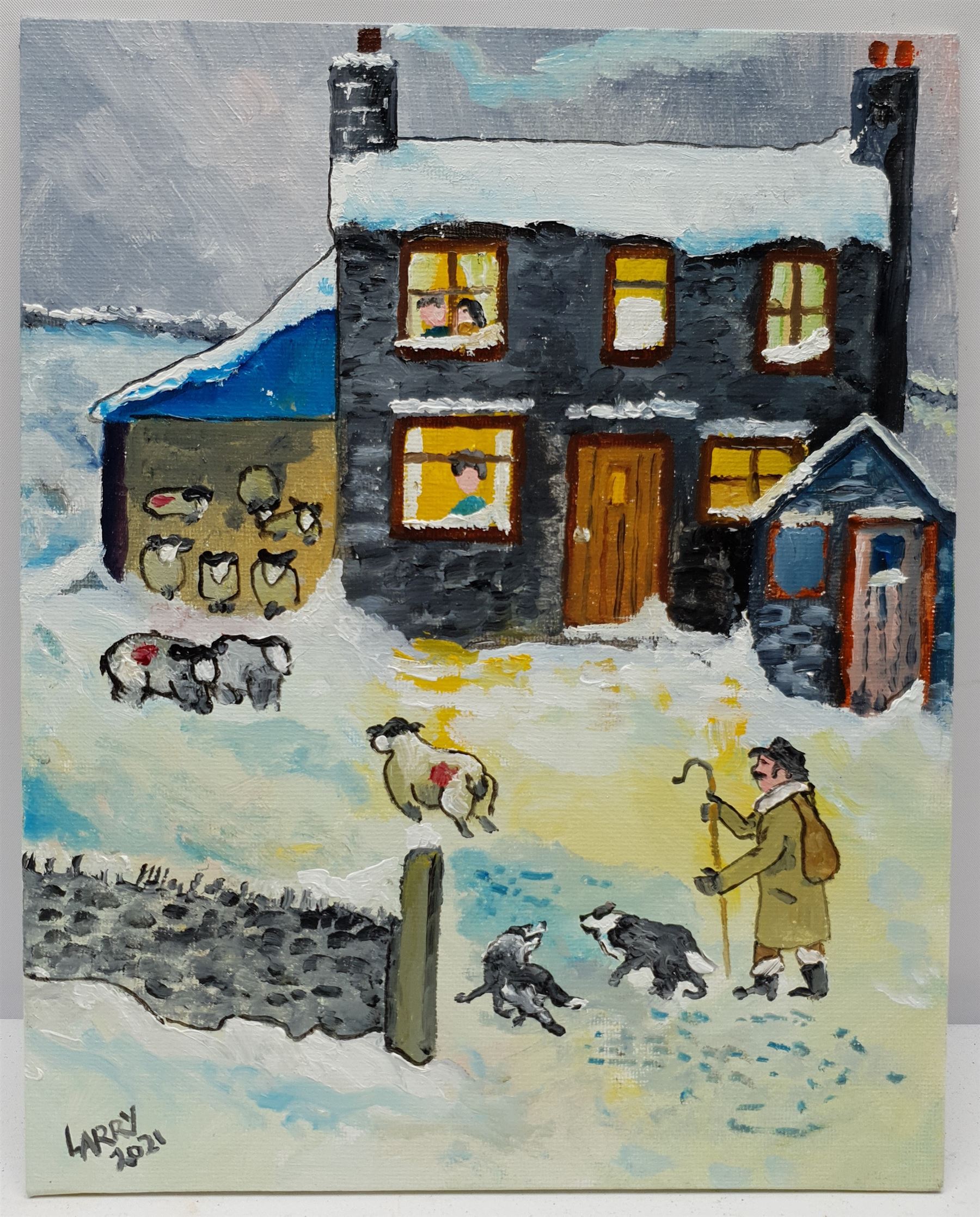 Larry Chambers (Northern British 1949-): 'Let’s Get These Girls Inside', oil on board signed, titled verso 25cm x 20cm (unframed)