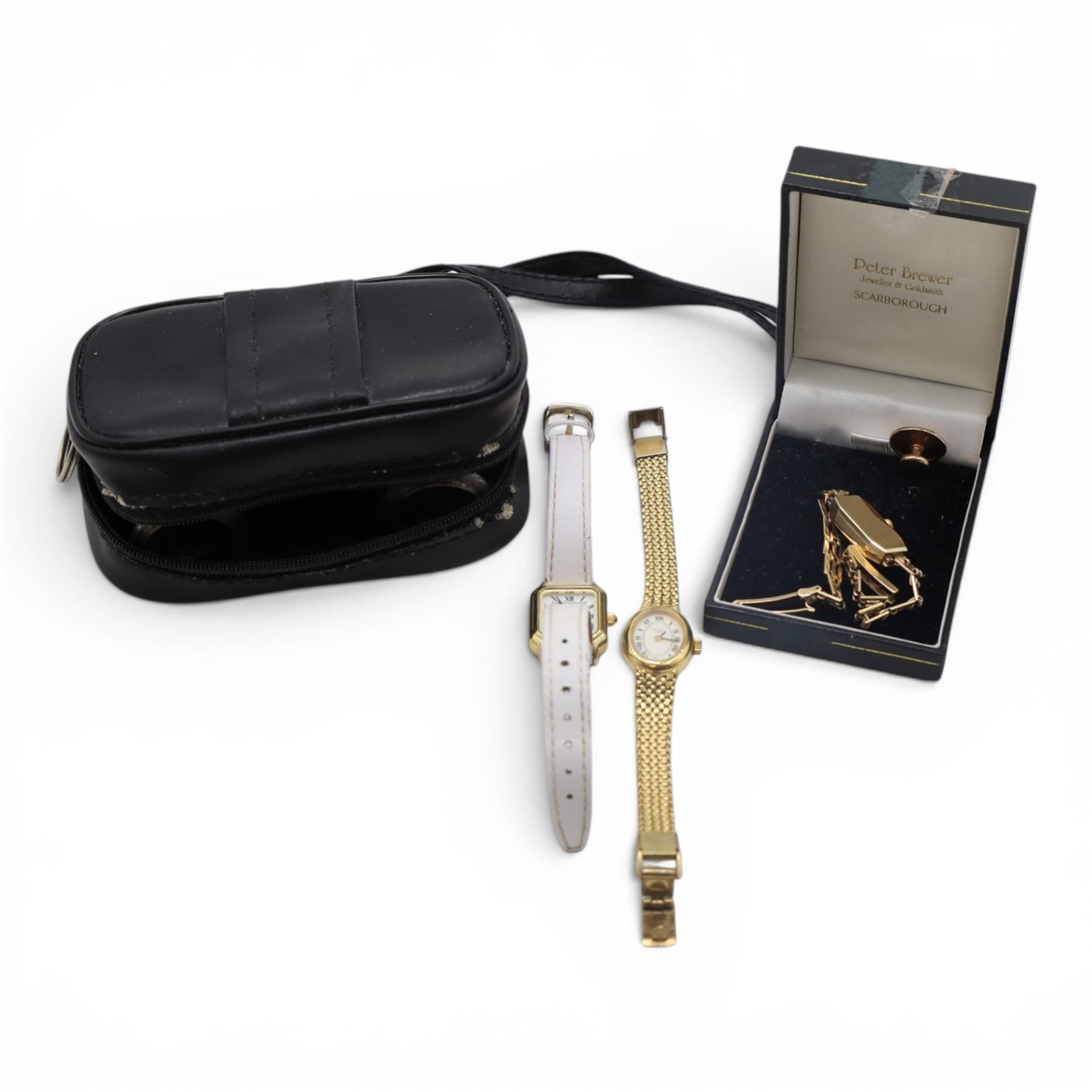 Moeris 9ct gold manual wind wristwatch, on 9ct gold bracelet, gold-plated button, two other wristwatches and a pair of binoculars 