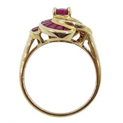 9ct gold oval and baguette ruby swirl ring, hallmarked