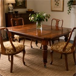 Victorian mahogany extending dining table and four chairs, rectangular top with moulded ed...