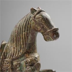 Chinese archaistic bronze wine vessel, Shang dynasty style but 20th century, W25cm; together with a Tang dynasty style model of a rearing horse, H17.5cm (2)