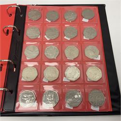 Queen Elizabeth II mostly currently circulating commemorative fifty pence coins, including Kew Gardens 2009, London Olympic Games including table tennis, offside rule, Peter Rabbit 2018 etc, old style dual dated 1992 1993 and a small number of other old style fifty pence coins, in one green ring binder folder