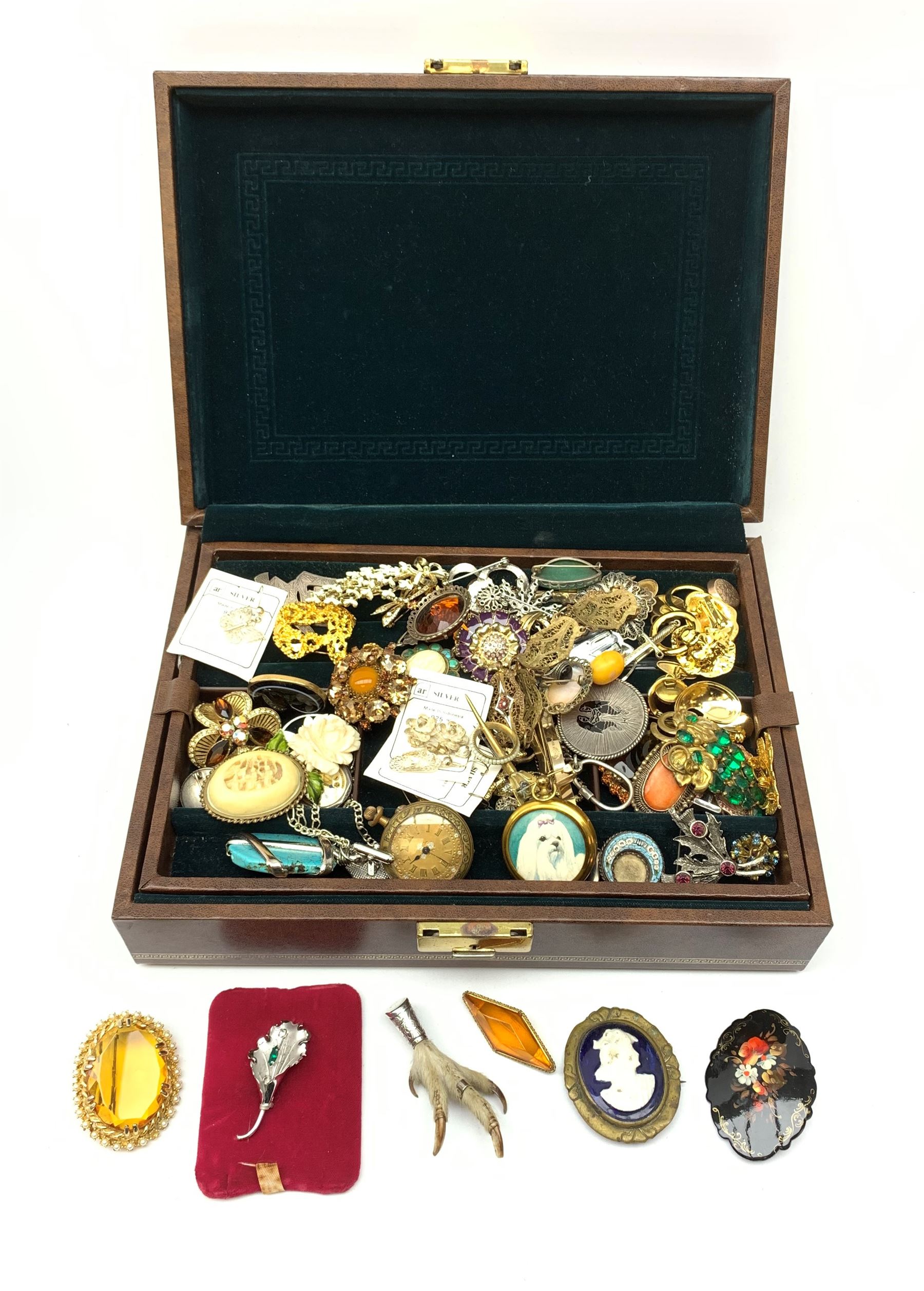 Vintage and later costume jewellery comprising a Brid's claw brooch with silver-plated mounts, micro mosaic circular brooch, Cameo brooch, a ladies gilt brass pocket watch, early 20th century Chinese carved ivory brooch and other items of jewellery contained in a modern jewellery box 