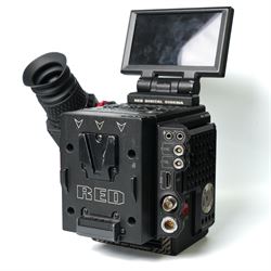 RED Epic-W Helium 8K camera body serial no. 13024E6A9, with RED EVF, three RED Mini Mag 512GB cards, one 480 Mini Mag card and reader, two RED V-Mount batteries and charger, RED top handle, Wooden Camera Easy Top top plate and one other top plate, various accessory cables, Wooden Camera bridge plate for 19mm studio rods, 12 inch Wooden Camera Dovetail plate and four 19mm studio rods to include two 380mm and two 610mm, with original Epic-W camera box and contained within a custom cut flight case