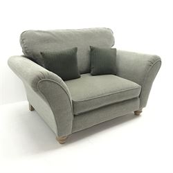 Aspen snuggler armchair upholstered in a tweed style fabric, turned supports, W150cm