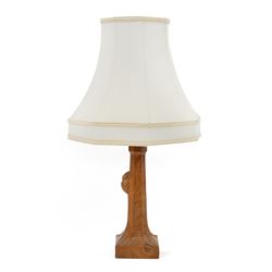 Mouseman - tooled oak table lamp, tapered octagonal stem terminating to square base carved with leaf motifs, carved with mouse signature, by the workshop of Robert Thompson, Kilburn