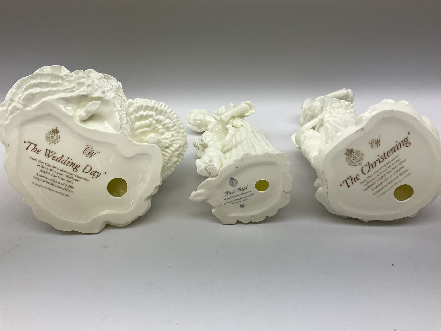 Six Royal Worcester figures, comprising The Wedding Day, New Arrival, The Christening, First Steps, Once Upon a Time and Sweet Dreams, all with printed marks beneath 