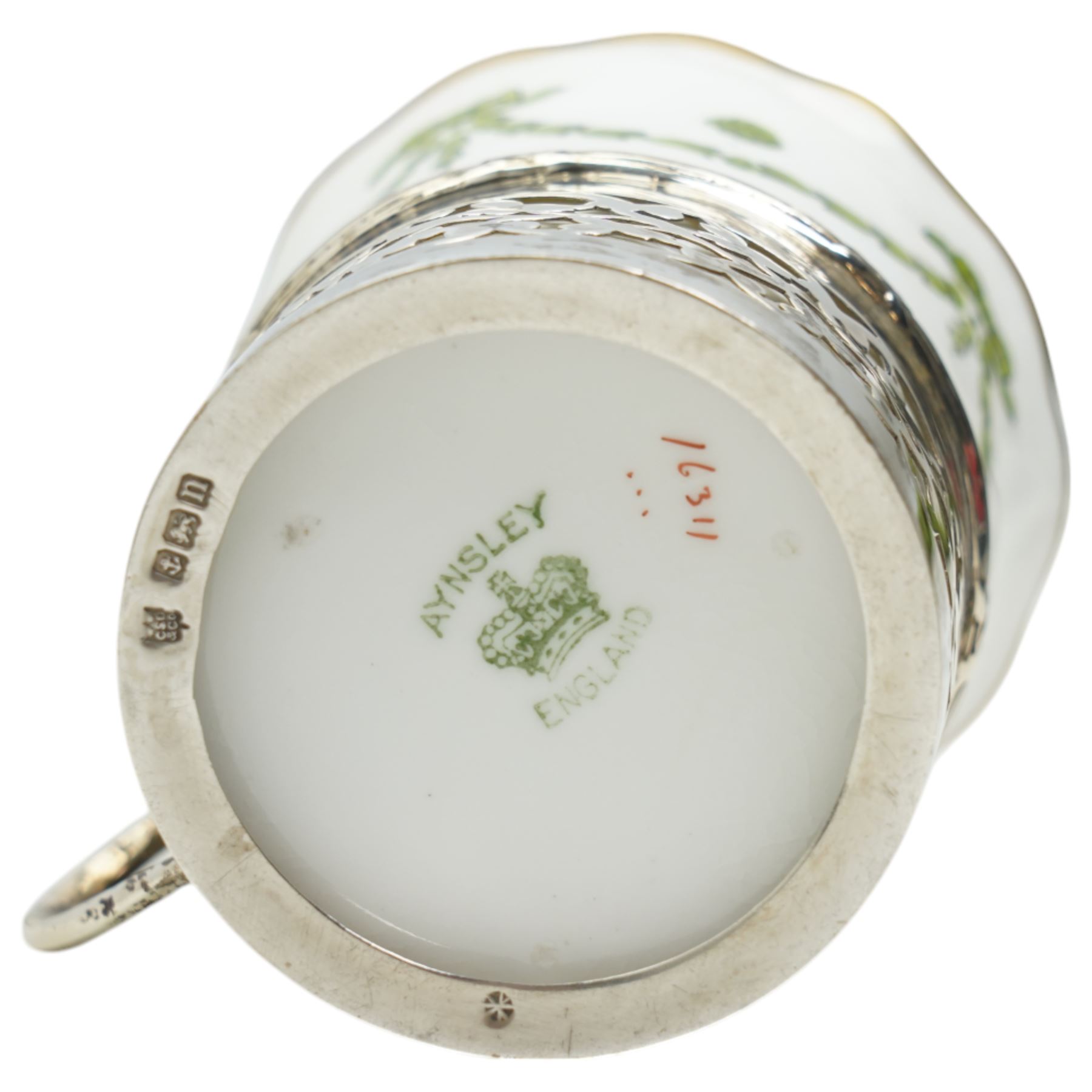 Set of Six Aynsley coffee cans and saucers decorated with garlands, the cans held in pierced silver holders Birmingham 1912 Maker Charles Green & Co and six silver spoons London 1939 Maker Josiah Williams & Co