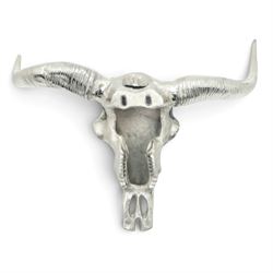 Contemporary cast metal bull skull wall ornament, polished silver finish with textured detailing and outstretched curved horns  