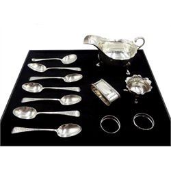 Five silver teaspoons, bright cut decoration by Josiah Williams & Co, London 1900, silver sauce boat, silver napkin rings, spoons and dish, all hallmarked, approx 8.9oz 