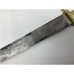 19th century Continental hunting side arm, 53cm single edge blade, impressed ‘Hotel Des Alpe’, brass hilt with antler grips, 67cm overall