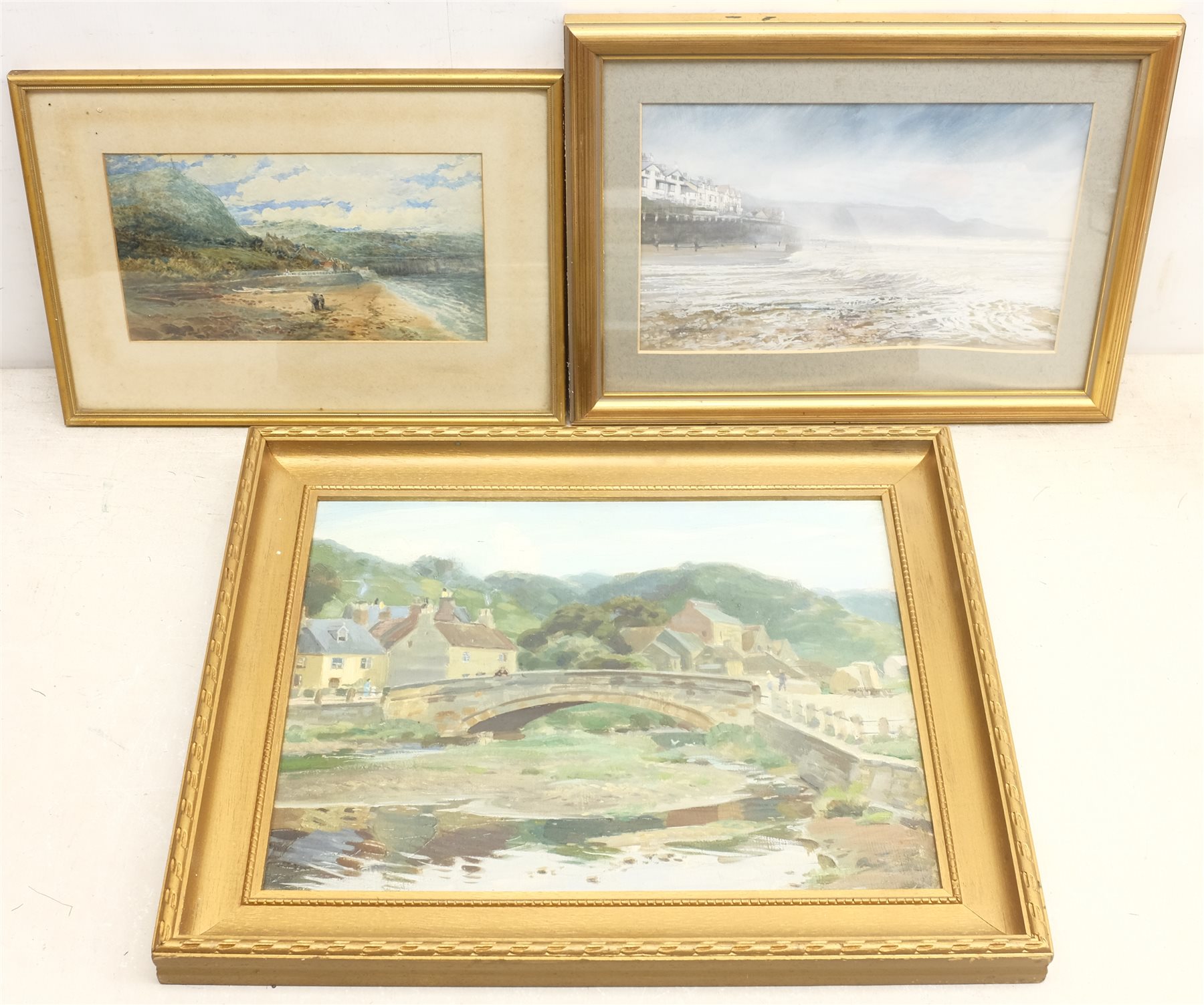 David Biglands (Northern British late 20th century): Sandsend, watercolour and gouache signed twice, together with a further watercolour and oil of Sandsend, both unsigned, max 31cm x 39cm (3)