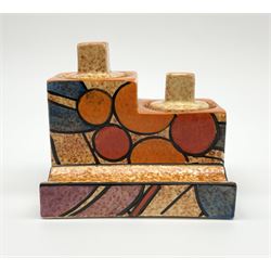 A Clarice Cliff Bizarre Cafe au lait double cube inkwell with pen tray, decorated in the Berries pattern, with printed mark to base, and shape number 462, H7cm W10cm. 