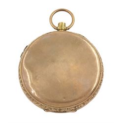 Early 20th century 9ct gold open face keyless pocket watch, stop/work lever, white enamel dial with Roman numerals, case by Stockwell & Co, London import mark 1915