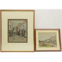 Sarah Garforth (British Contemporary): 'Church Street Whitby' and 'The Crescent Filey', two pastels and ink signed, titled on the mounts, further titled and dated June '93 on labels verso 27cm x 22cm and 18cm x 23cm (2)