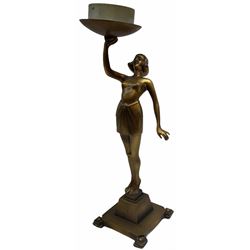 Art Deco style bronzed table lamp, modelled as a semi nude female figure, her arm raised supporting the fixture, upon stepped square base, overall H40cm