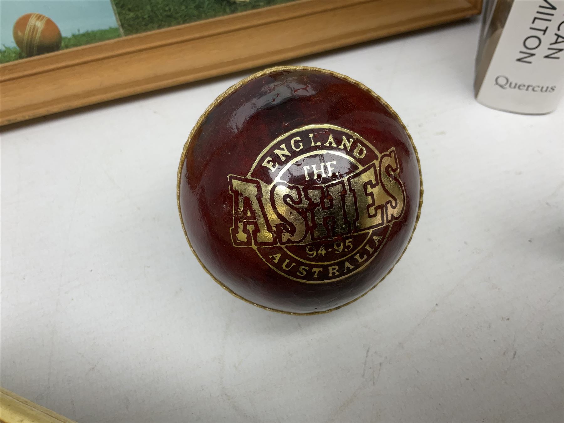 Sondico cricket bat with Yorkshire C.C.C. signatures; framed Lord Taverners v Barclaycard XI programme signed by Colin Milburn, Colin Cowdrey, Roy Kinnear, Nicholas Parsons etc; souvenir Ashes 1994/95 cricket ball; books of cricket interest; tie-pin etc