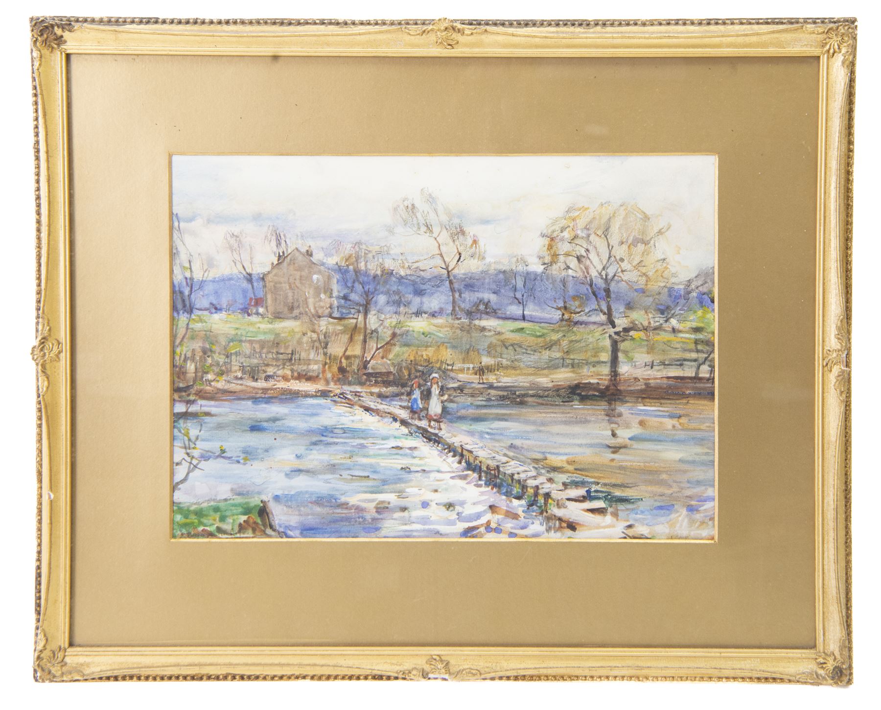 Rowland Henry Hill (Staithes Group 1873-1952): Girls Crossing the Stepping Stones, watercolour signed 26cm x 36cm