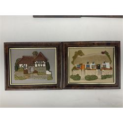 Nine Lilliput Lane framed wall plaques, including Fell View, Battleview, Catslide Cottage, Ashdown Hall and Shannon's Bank, together with three smaller circular framed Lilliput Lane plaques