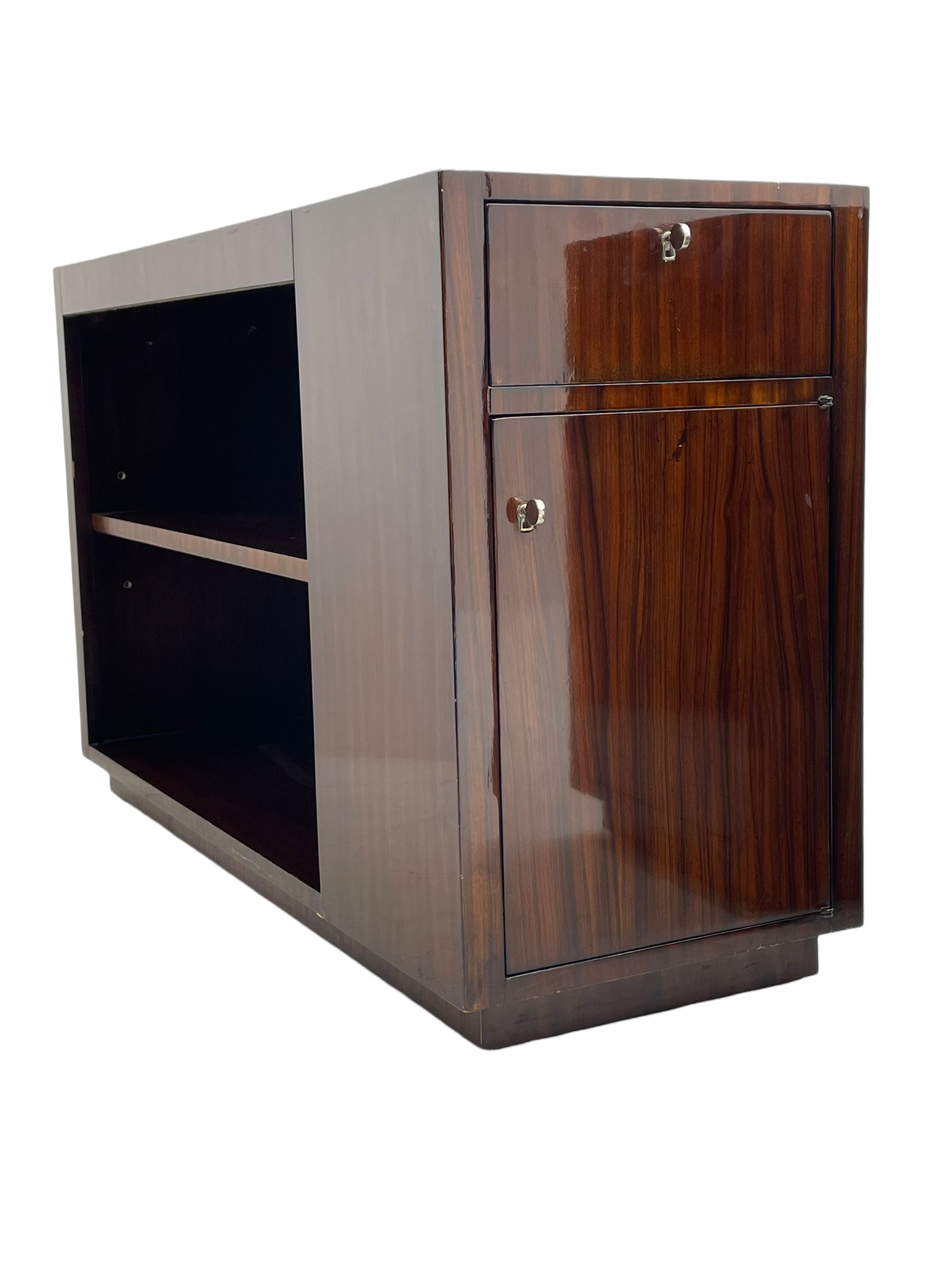 Ralph Lauren - pair 'Metropolis' Art Deco design end-tables, rosewood finish box frame with smoke glass inset, each fitted with cupboard, drawer and shelf