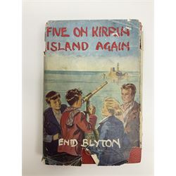 Blyton Enid: Five on Kirrin Island Again, first edition, Hodder & Stoughton, 1947, colour frontispiece, tinted plates and plain illustrations to text, pictorial endpapers, original red boards lettered in black in dust jacket (6/-, with telescope the wrong way round)