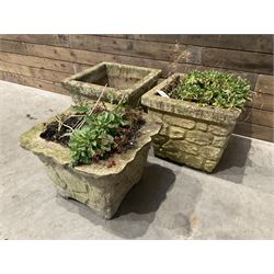 Pair of cast stone pattern tapering square planters, and a similar planter (3)