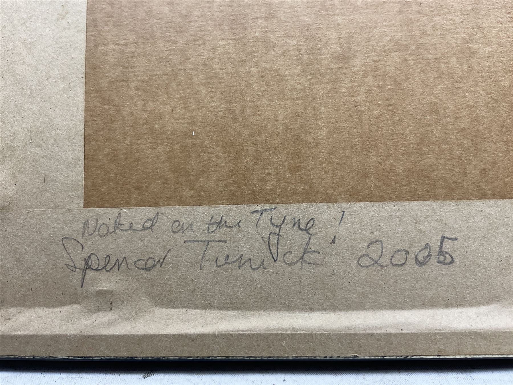 Spencer Tunick (American 1967-): 'Naked on the Tyne', colour photograph, signed titled and dated 2005 verso 18cm x 24cm