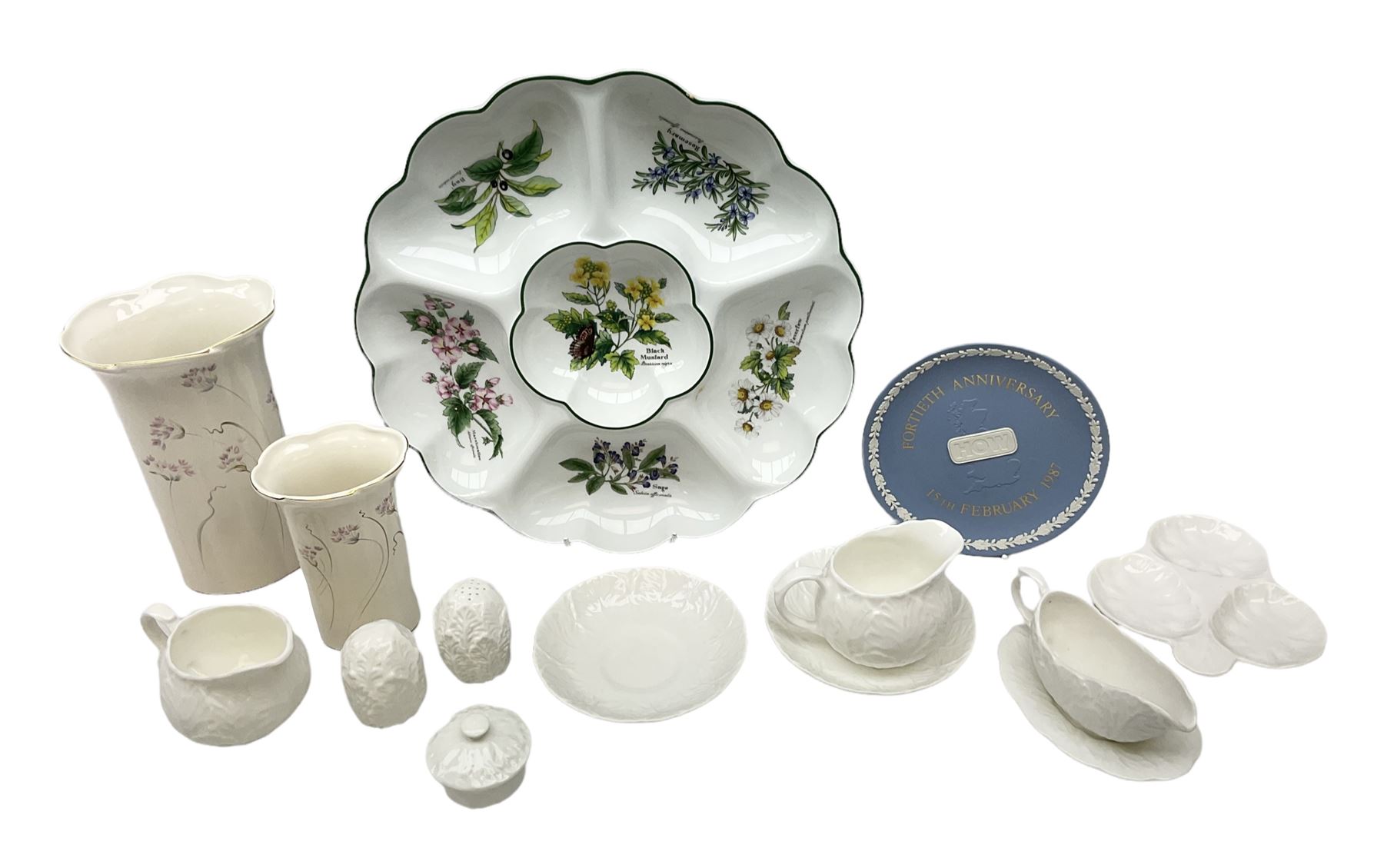 Wedgwood Countryware dinner wares, to include cruets, sauce boat and stand, two jugs etc, together with Wedgwood jasperware boxed HOW Group 40th Birthday 16.5cm plate, Royal Worcester 'Herbs' large sectioned dish and two Hornsea Windrush vases, Sorrento marquetry twin handled tray with musical motif to centre, L40cm, W Widdop brass carriage clock with quartz movement, pellet drum, Whitall Tatum Company No.1 glass insulator, silver plate and other misc etc