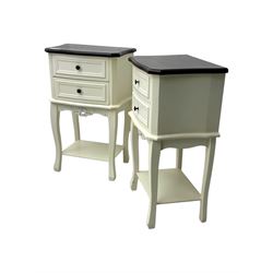 Pair of French design white painted bedside lamp tables, with painted wooden tops, above two drawers with carved apron and undertier, shaped legs  