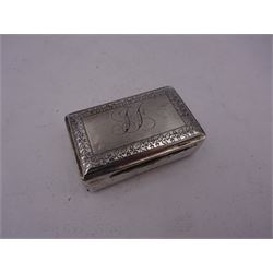 George III silver snuff box, of rectangular form, engraved to base with quote 'Esteem the Given' and to hinged cover with monogram, bordered by a band of acorns and oak leaves, opening to reveal a gilt interior, hallmarked John Shaw, Birmingham 1813, L5cm
