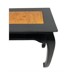 20th century Chinese ebonised lacquered console table, rectangular top with contrasting elm rectangular panels, shaped apron over curved supports
