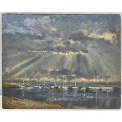 William Burns (British 1923-2010): 'Evening: Burnham Overy Staithe - Norfolk', oil on board unsigned, titled verso 21cm x 26cm (unframed) Provenance: Direct from the family of the artist. Notes: Born in Sheffield in 1923, William Burns RIBA FSAI FRSA studied at the Sheffield College of Art before the outbreak of the Second World War, during which he helped illustrate the official War Diaries for the North Africa Campaign, and was elected a member of the Armed Forces Art Society. On his return, he studied architecture at Sheffield University and later ran his own successful practice, being a member of the Royal Institute of British Architects. However, painting had always been his self-confessed 'first love', and in the 1970s he gave up architecture to become a full-time artist, having his first one-man exhibition in 1979.
