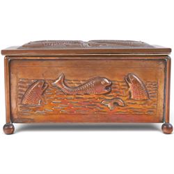 Art and Crafts copper and brass hammered casket, of rectangular form with repoussé decorat...