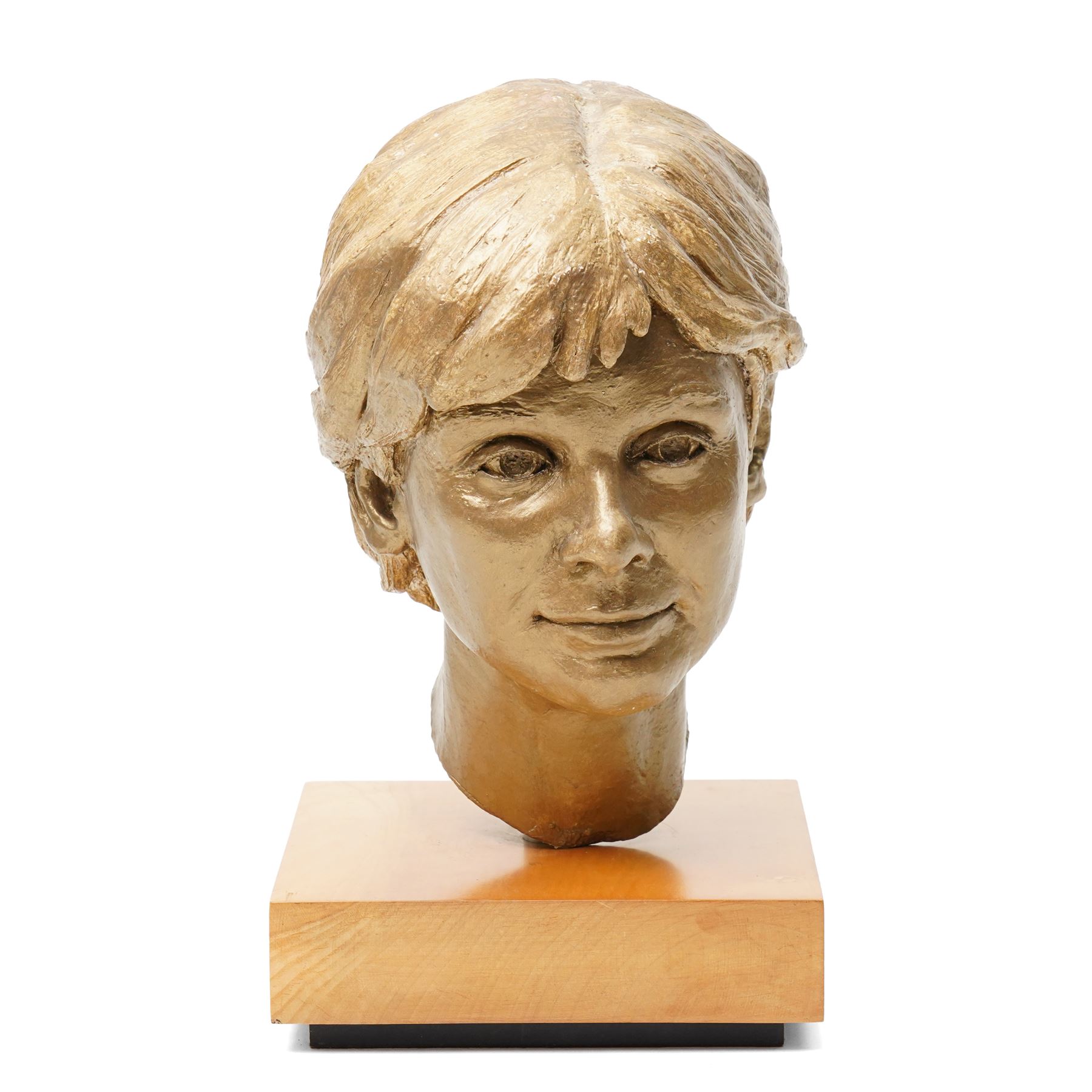 English School (20th century): Female Face Study, painted plaster indistinctly signed 'Jo' and dated '96, including wooden plinth H36cm 