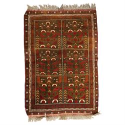 Baluchi hand-knotted prayer rug, dark brown ground divided into six panels decorated with ...